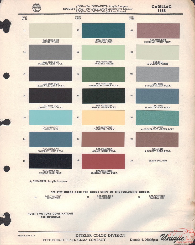 1958 Cadillac Paint Charts PPG 1